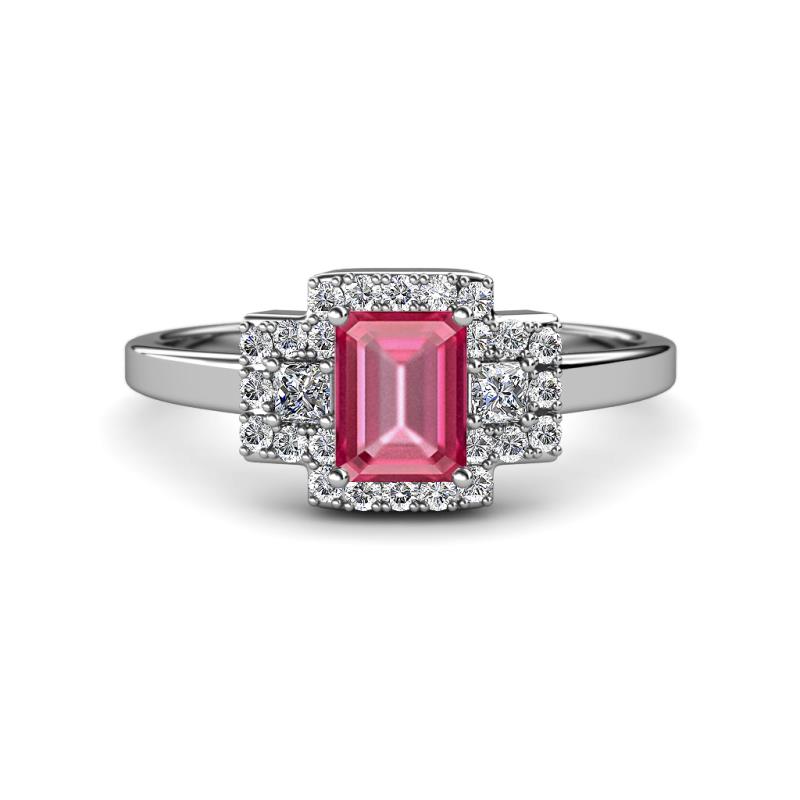 Jessica Rainbow Emerald Cut Pink Tourmaline with Round and Princess Cut Diamond Engagement Ring 