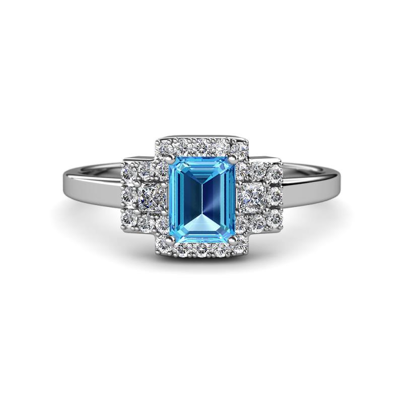 Jessica Rainbow Emerald Cut Blue Topaz with Round and Princess Cut Diamond Engagement Ring 