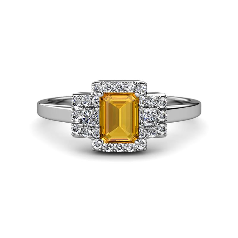 Jessica Rainbow Emerald Cut Citrine with Round and Princess Cut Diamond Engagement Ring 