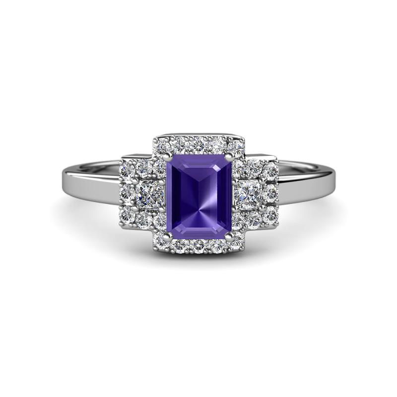 Jessica Rainbow Emerald Cut Iolite with Round and Princess Cut Diamond Engagement Ring 