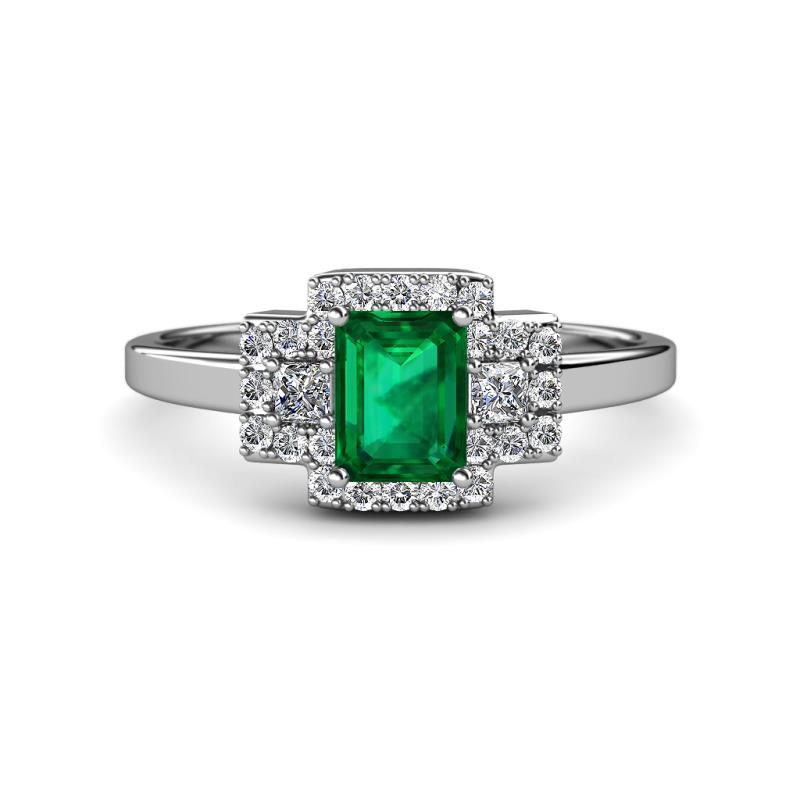 Jessica Rainbow Emerald Cut Lab Created Emerald with Round and Princess Cut Diamond Engagement Ring 