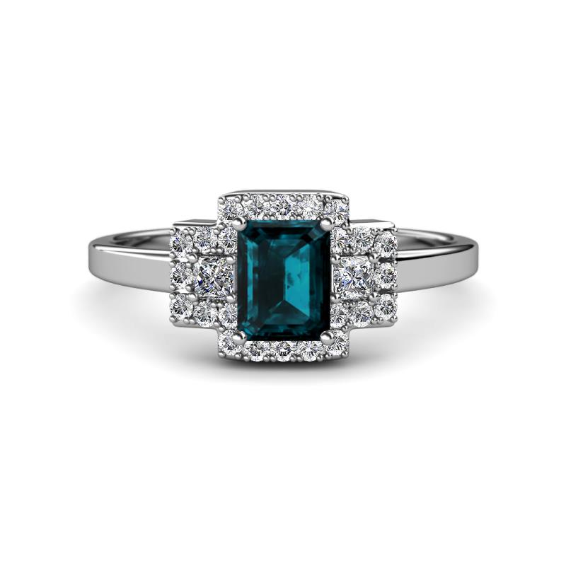 Jessica Rainbow Emerald Cut London Blue Topaz with Round and Princess Cut Diamond Engagement Ring 
