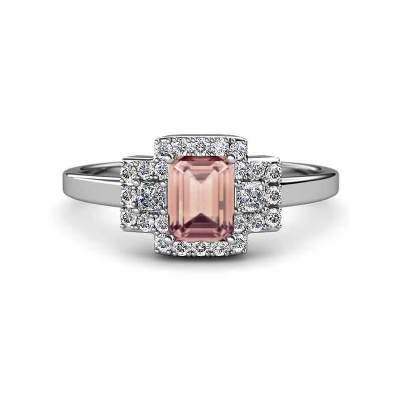 Jessica Rainbow Emerald Cut Morganite with Round and Princess Cut Diamond Engagement Ring 
