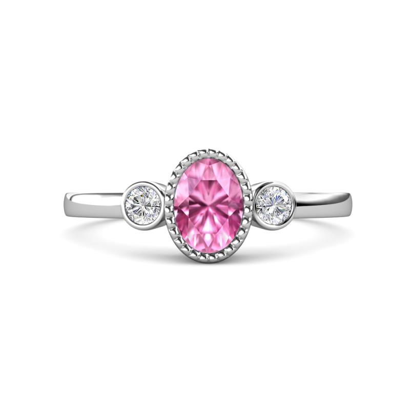 Nikolia Desire Oval Cut Pink Sapphire and Round Diamond Three Stone Engagement Ring 
