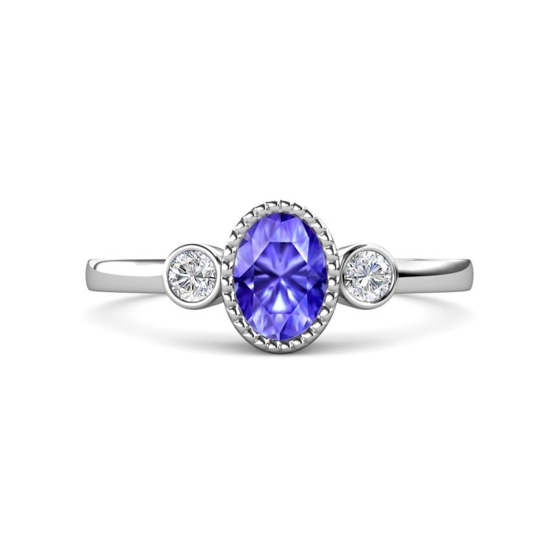 Nikolia Desire Oval Cut Tanzanite and Round Diamond Three Stone Engagement Ring 