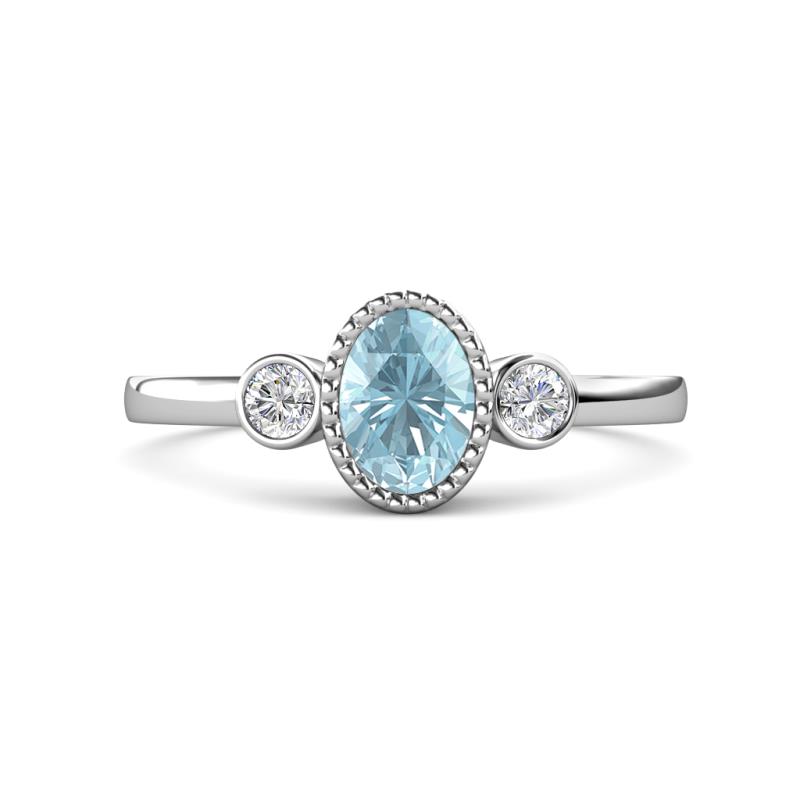 Nikolia Desire Oval Cut Aquamarine and Round Diamond Three Stone Engagement Ring 