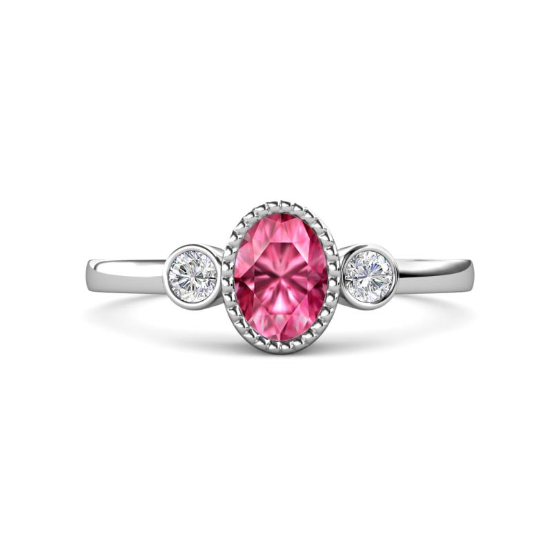 Nikolia Desire Oval Cut Pink Tourmaline and Round Diamond Three Stone Engagement Ring 
