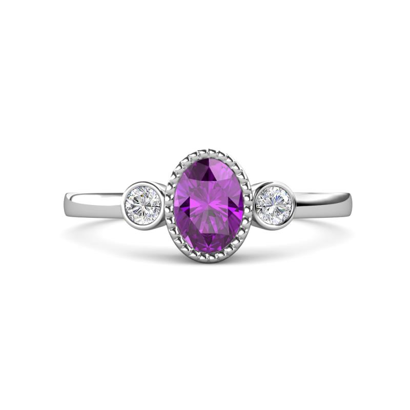 Nikolia Desire Oval Cut Amethyst and Round Diamond Three Stone Engagement Ring 