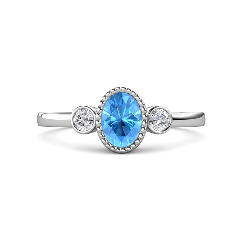 Nikolia Desire Oval Cut Blue Topaz and Round Diamond Three Stone Engagement Ring 