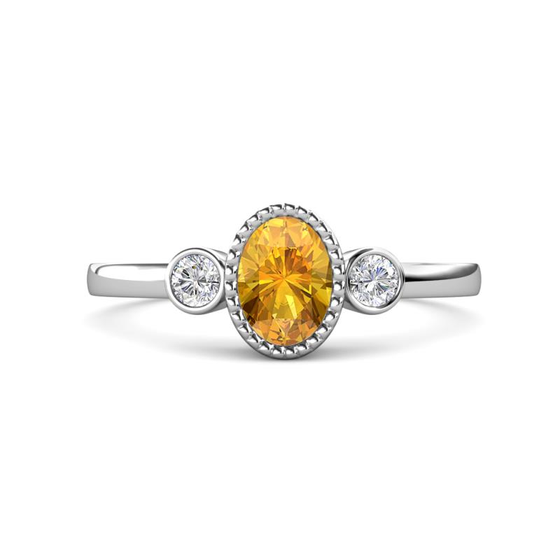 Nikolia Desire Oval Cut Citrine and Round Diamond Three Stone Engagement Ring 