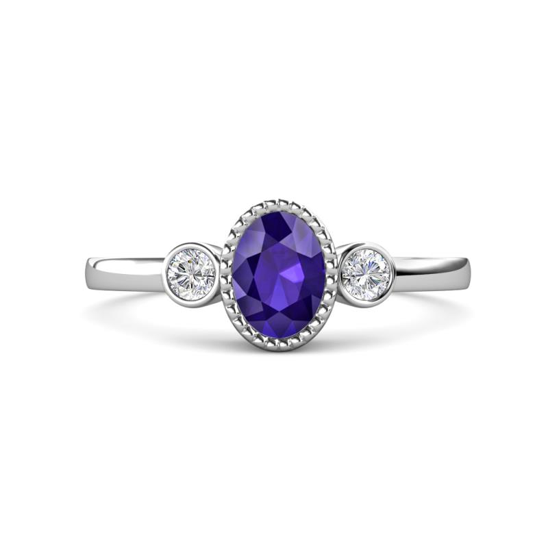 Nikolia Desire Oval Cut Iolite and Round Diamond Three Stone Engagement Ring 
