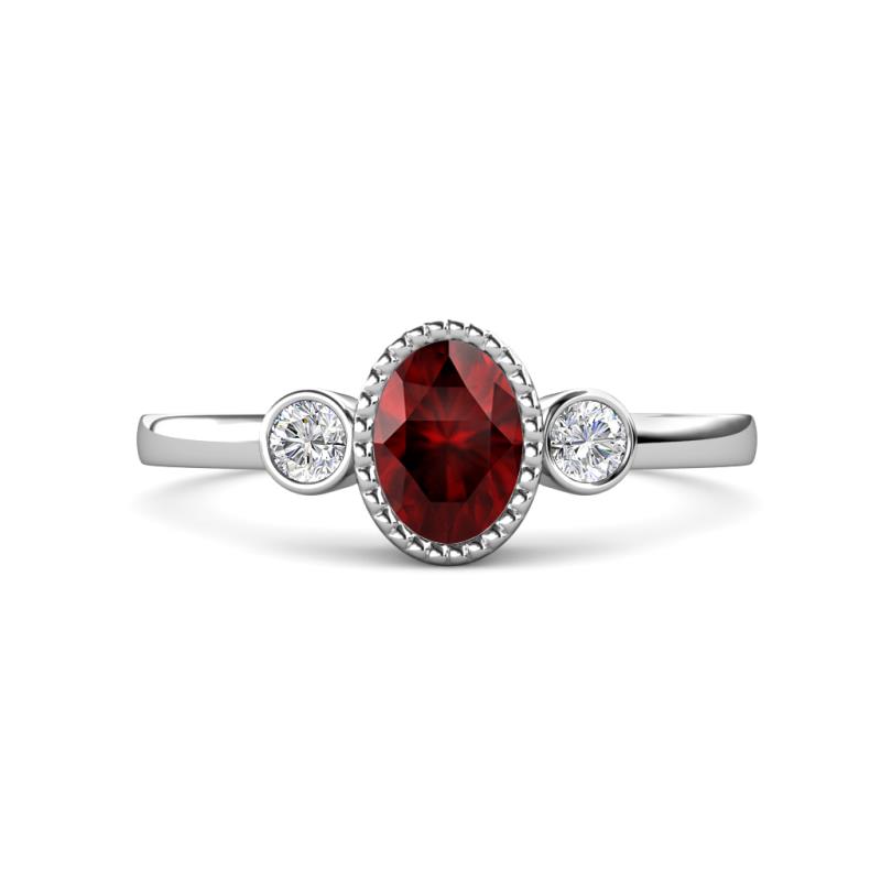 Nikolia Desire Oval Cut Red Garnet and Round Diamond Three Stone Engagement Ring 