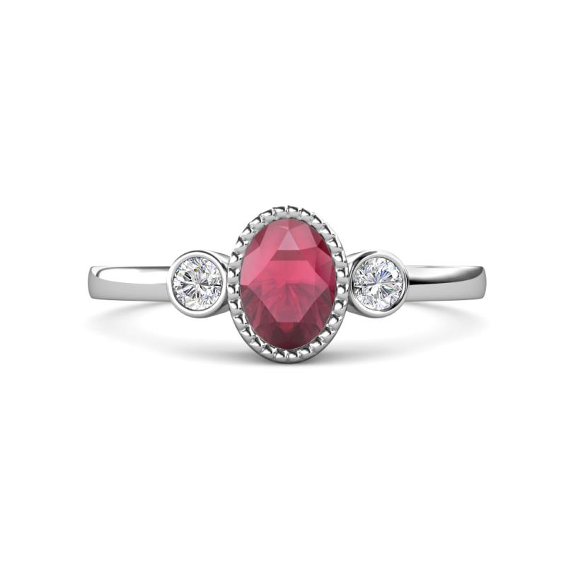 Nikolia Desire Oval Cut Rhodolite Garnet and Round Diamond Three Stone Engagement Ring 