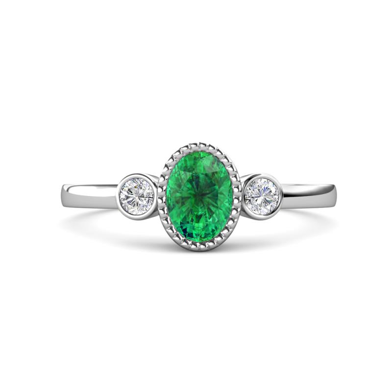 Nikolia Desire Oval Cut Emerald and Round Diamond Three Stone Engagement Ring 