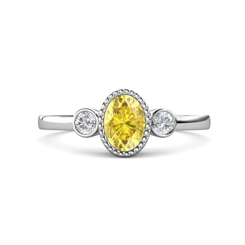 Nikolia Desire Oval Cut Yellow Sapphire and Round Diamond Three Stone Engagement Ring 