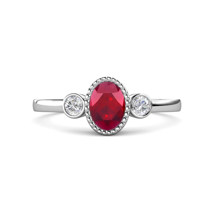Nikolia Desire Oval Cut Ruby and Round Diamond Three Stone Engagement Ring 