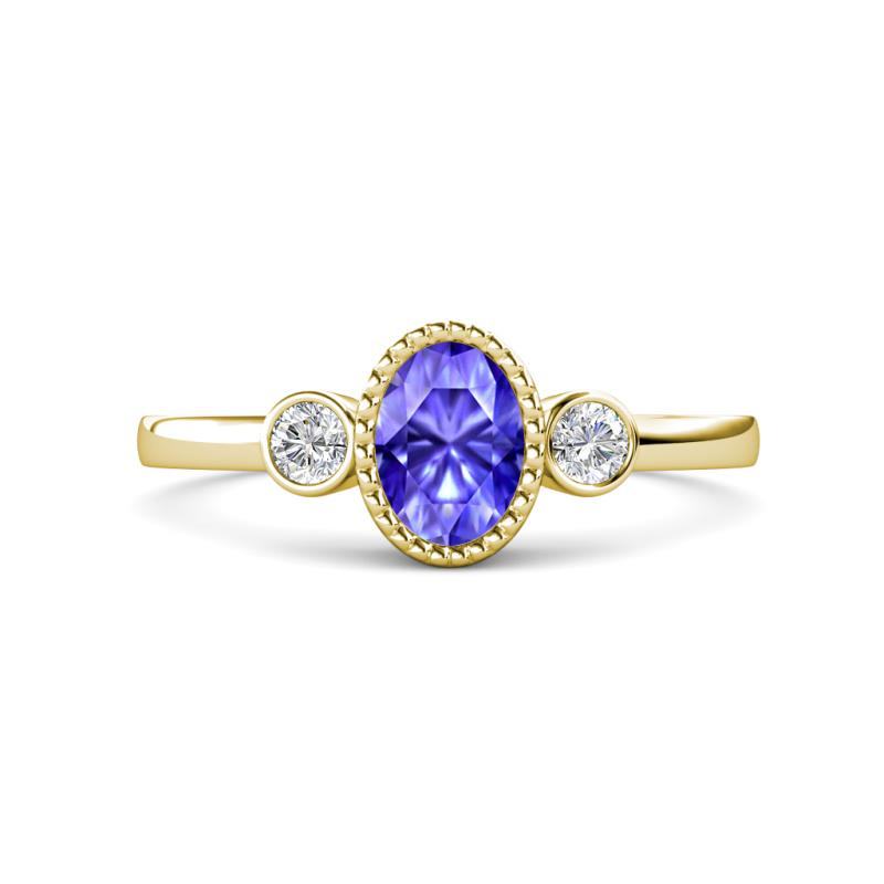 Nikolia Desire Oval Cut Tanzanite and Round Diamond Three Stone Engagement Ring 