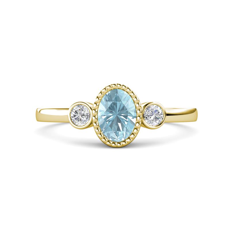 Nikolia Desire Oval Cut Aquamarine and Round Diamond Three Stone Engagement Ring 