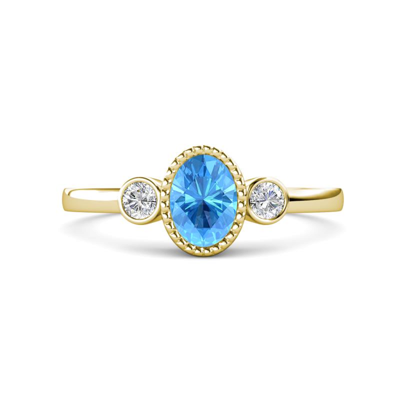 Nikolia Desire Oval Cut Blue Topaz and Round Diamond Three Stone Engagement Ring 