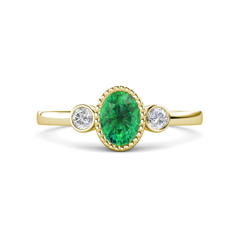 Nikolia Desire Oval Cut Emerald and Round Diamond Three Stone Engagement Ring 