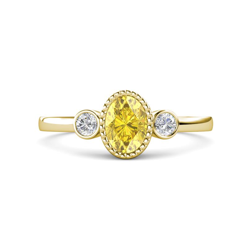 Nikolia Desire Oval Cut Yellow Sapphire and Round Diamond Three Stone Engagement Ring 