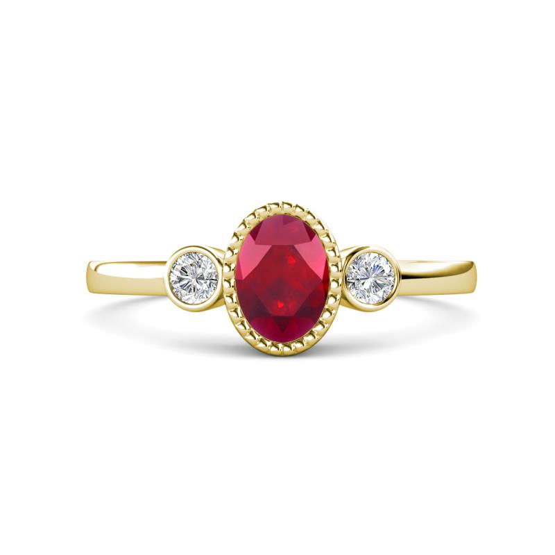 Nikolia Desire Oval Cut Ruby and Round Diamond Three Stone Engagement Ring 