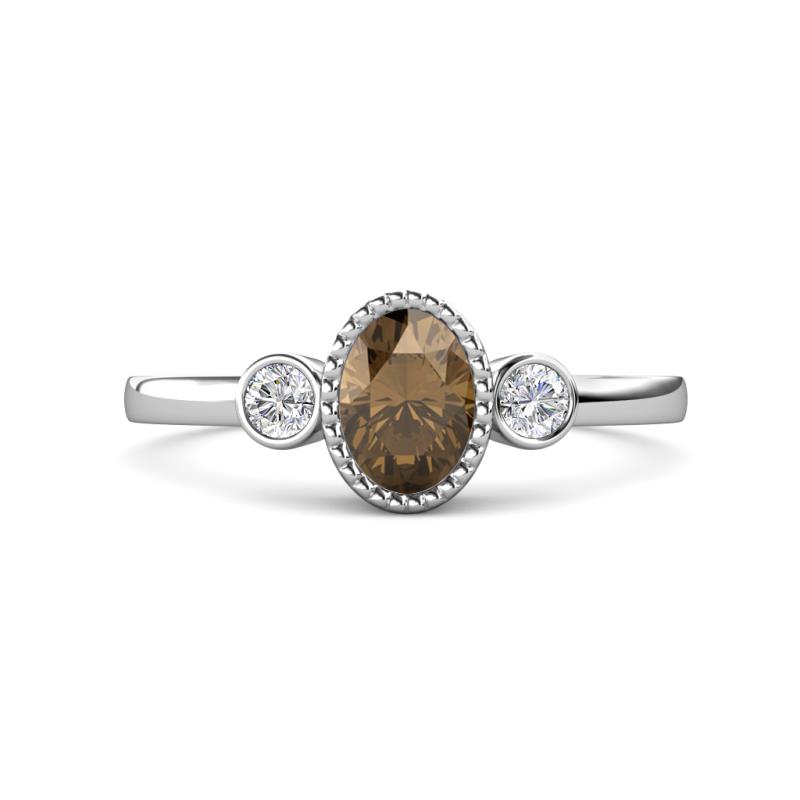 Nikolia Desire Oval Cut Smoky Quartz and Round Diamond Three Stone Engagement Ring 