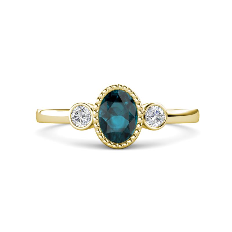 Nikolia Desire Oval Cut London Blue Topaz and Round Diamond Three Stone Engagement Ring 