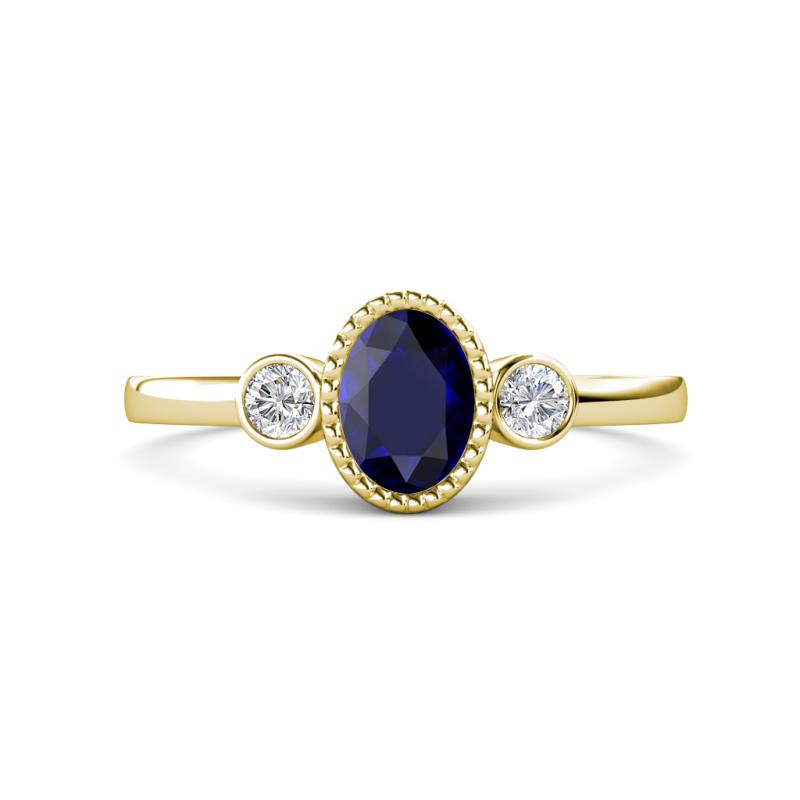 Nikolia Desire Oval Cut Blue Sapphire and Round Diamond Three Stone Engagement Ring 