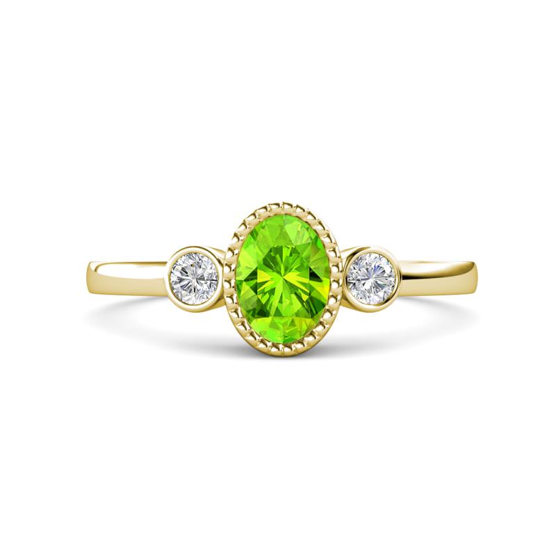 Nikolia Desire Oval Cut Peridot and Round Diamond Three Stone Engagement Ring 