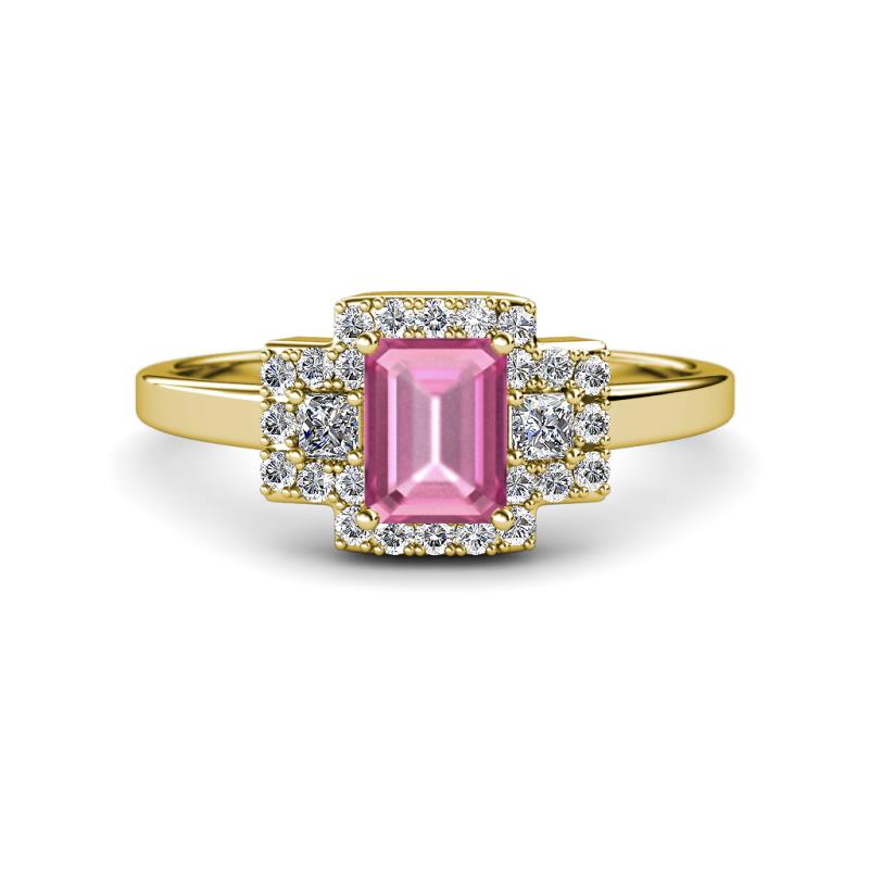 Jessica Rainbow Emerald Cut Lab Created Pink Sapphire with Round and Princess Cut Diamond Engagement Ring 
