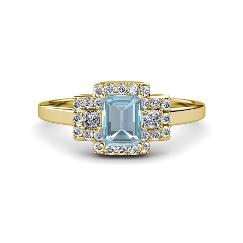 Jessica Rainbow Emerald Cut Aquamarine with Round and Princess Cut Diamond Engagement Ring 