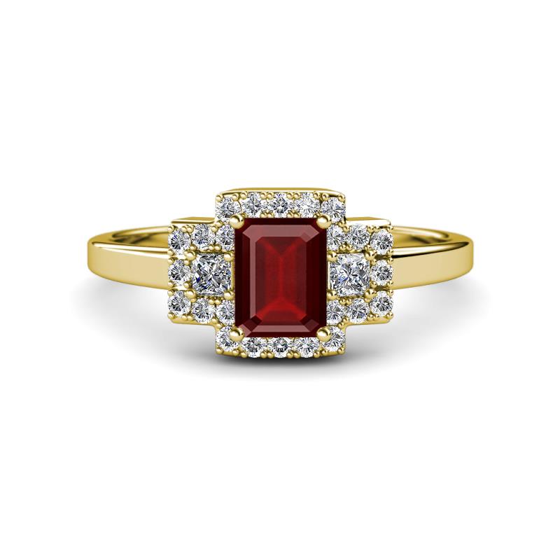Jessica Rainbow Emerald Cut Red Garnet with Round and Princess Cut Diamond Engagement Ring 