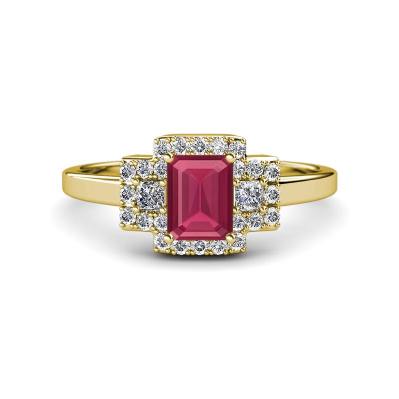 Jessica Rainbow Emerald Cut Rhodolite Garnet with Round and Princess Cut Diamond Engagement Ring 