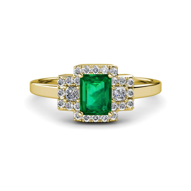 Jessica Rainbow Emerald Cut Lab Created Emerald with Round and Princess Cut Diamond Engagement Ring 