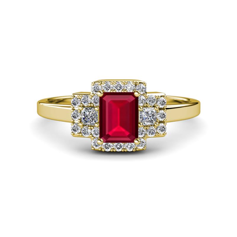 Jessica Rainbow Emerald Cut Lab Created Ruby with Round and Princess Cut Diamond Engagement Ring 