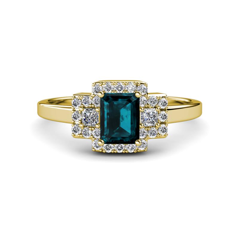 Jessica Rainbow Emerald Cut London Blue Topaz with Round and Princess Cut Diamond Engagement Ring 