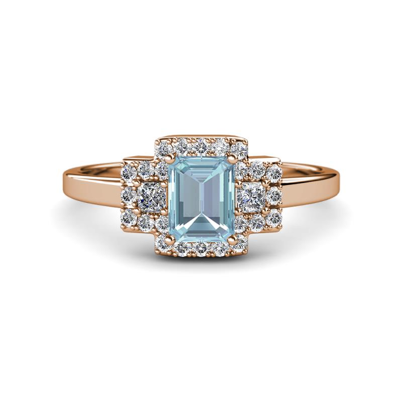 Jessica Rainbow Emerald Cut Aquamarine with Round and Princess Cut Diamond Engagement Ring 