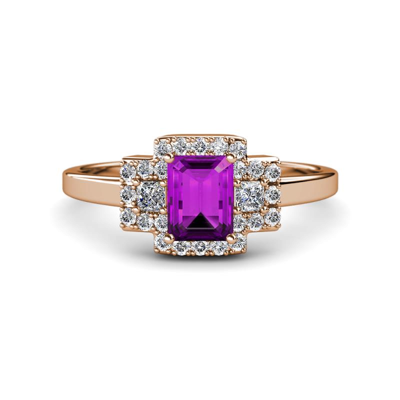 Jessica Rainbow Emerald Cut Amethyst with Round and Princess Cut Diamond Engagement Ring 