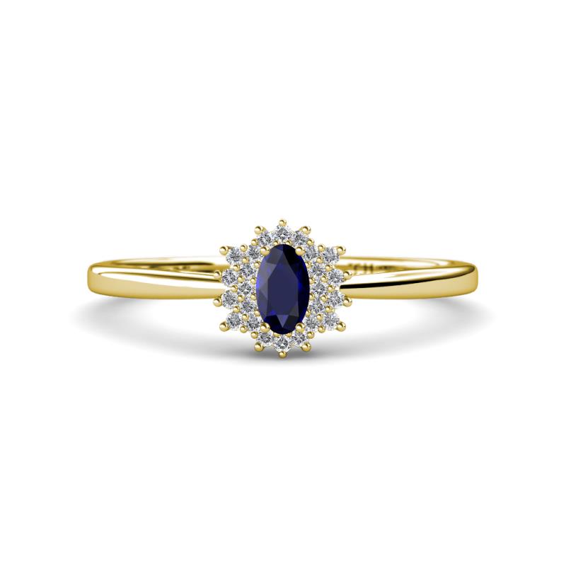 Elsa Rainbow Oval Cut Blue Sapphire and Round Diamond Sunburst Halo Promise Ring 