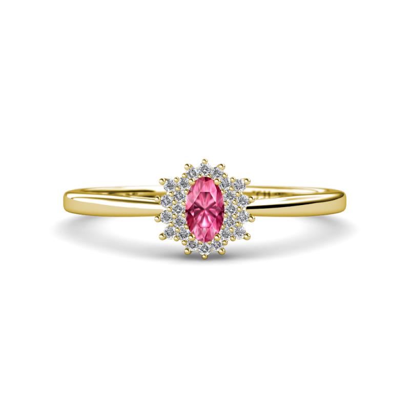 Elsa Rainbow Oval Cut Pink Tourmaline and Round Diamond Sunburst Halo Promise Ring 