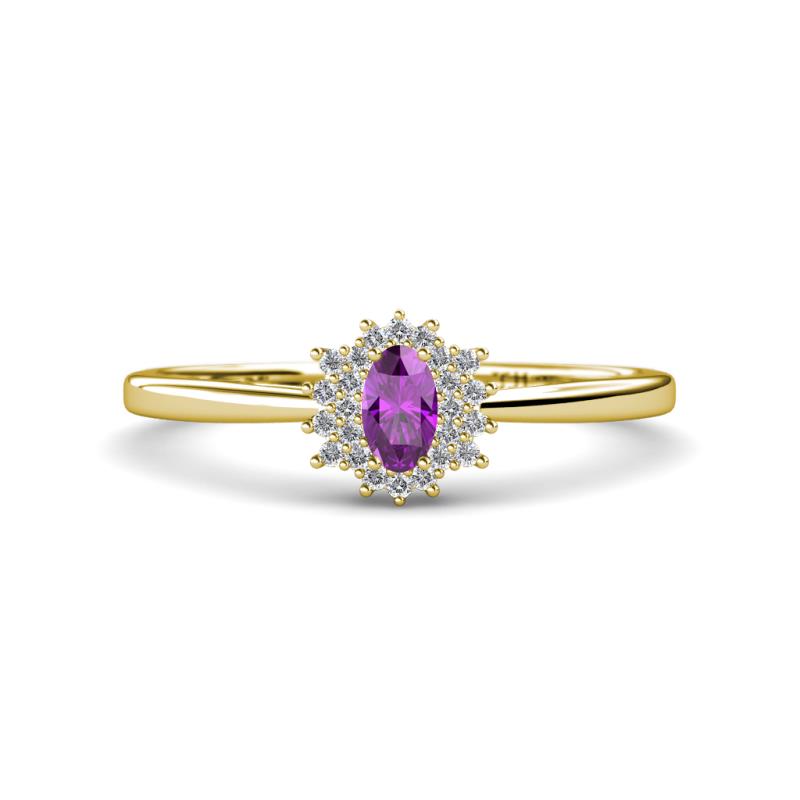 Elsa Rainbow Oval Cut Amethyst and Round Diamond Sunburst Halo Promise Ring 
