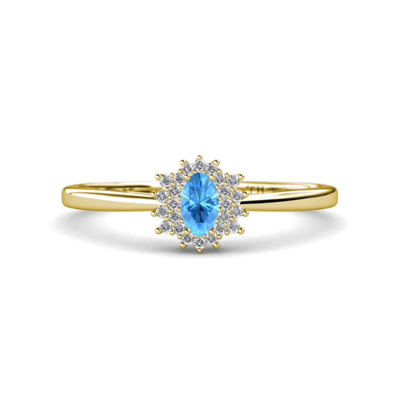 Elsa Rainbow Oval Cut Blue Topaz and Round Diamond Sunburst Halo Promise Ring 