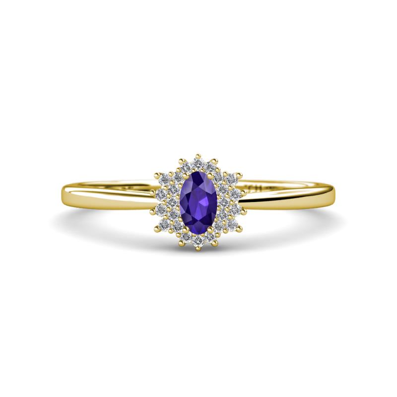 Elsa Rainbow Oval Cut Iolite and Round Diamond Sunburst Halo Promise Ring 
