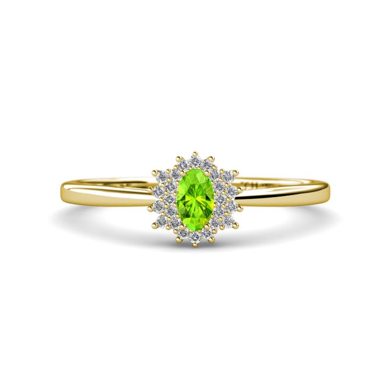 Elsa Rainbow Oval Cut Peridot and Round Diamond Sunburst Halo Promise Ring 