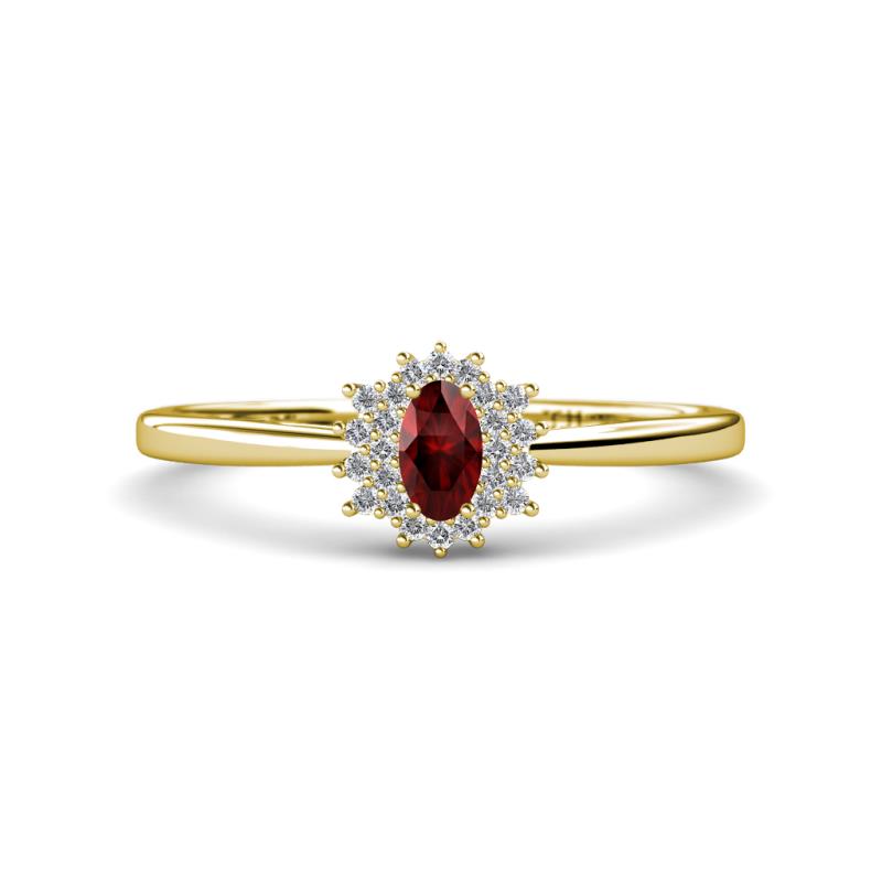 Elsa Rainbow Oval Cut Red Garnet and Round Diamond Sunburst Halo Promise Ring 