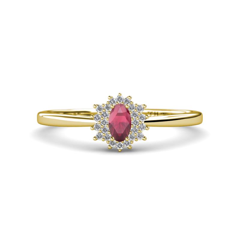 Elsa Rainbow Oval Cut Rhodolite Garnet and Round Diamond Sunburst Halo Promise Ring 