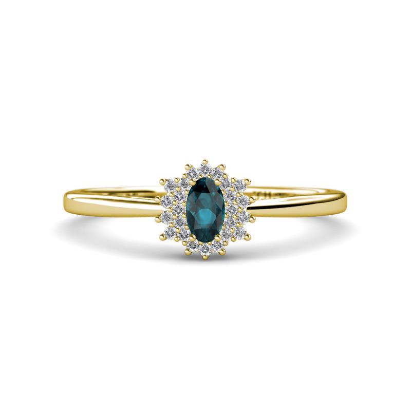 Elsa Rainbow Oval Cut London Blue Topaz and Round Diamond Sunburst Halo Promise Ring 
