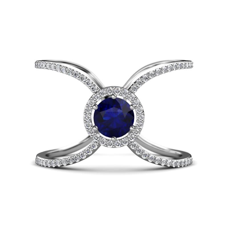 Carole Rainbow Round Blue Sapphire and Diamond Criss Cross X Halo Engagement Ring 