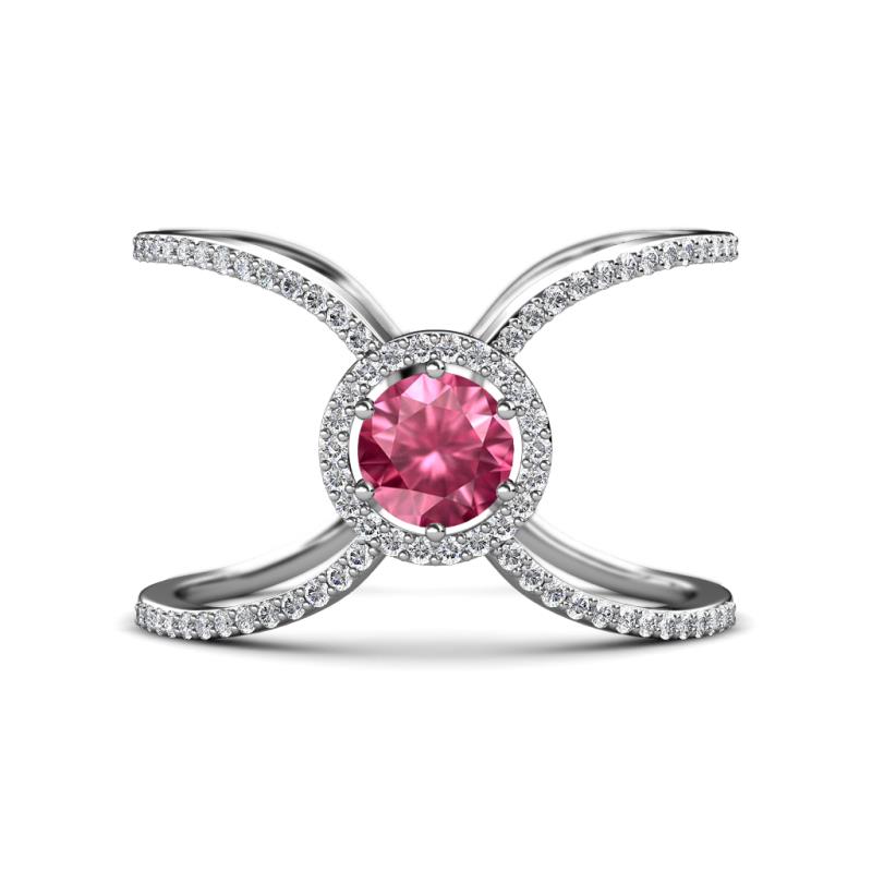 Carole Rainbow Round Pink Tourmaline and Diamond Criss Cross X Halo Engagement Ring 